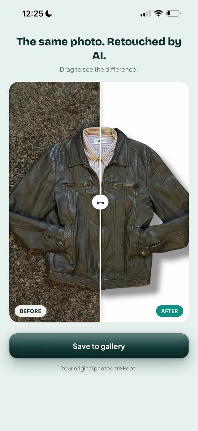 Vendly's photo studio with the before / after slider on a leather jacket