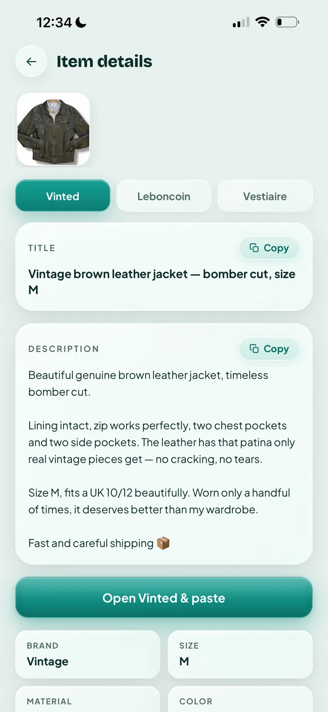 AI-generated listing in Vendly: title, description, price, brand and size