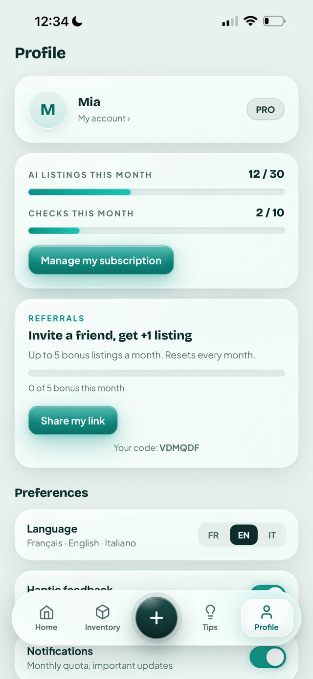 Vendly profile: monthly quotas, subscription, referrals and language choice