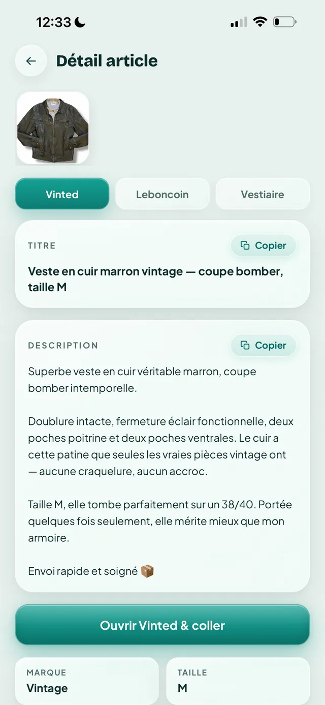 Annonce générée par l'IA dans Vendly : titre, description, prix, marque et taille
