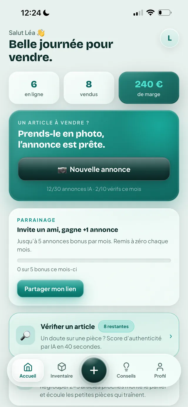Écran d'accueil de Vendly avec les articles en ligne, vendus et la marge du mois