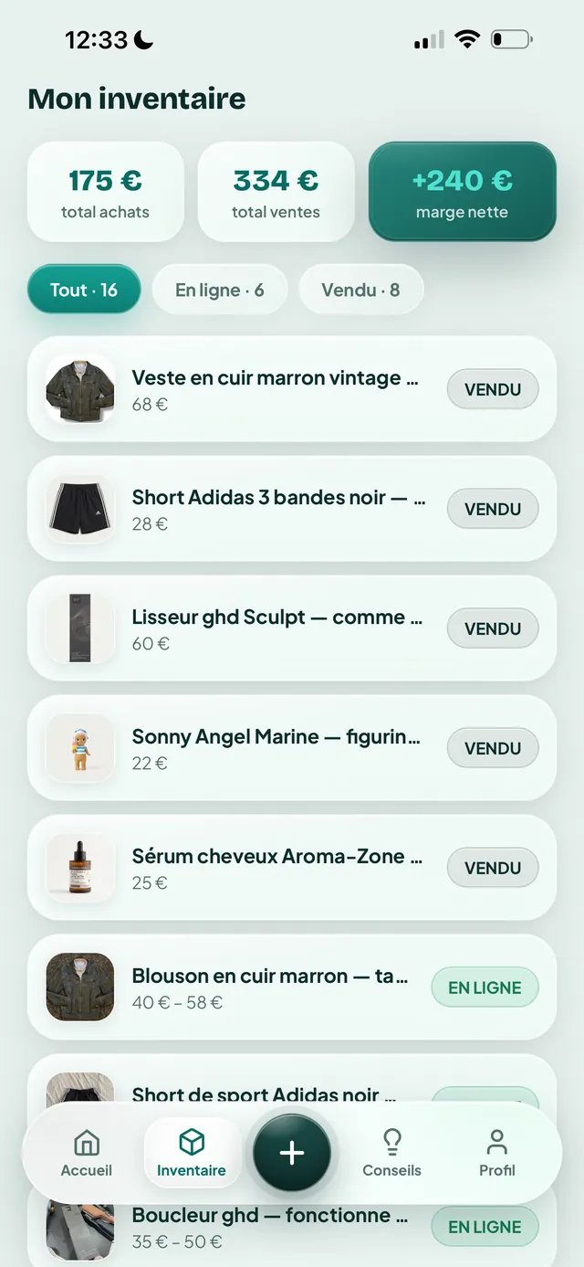 Inventaire Vendly avec le total des achats, des ventes et la marge nette