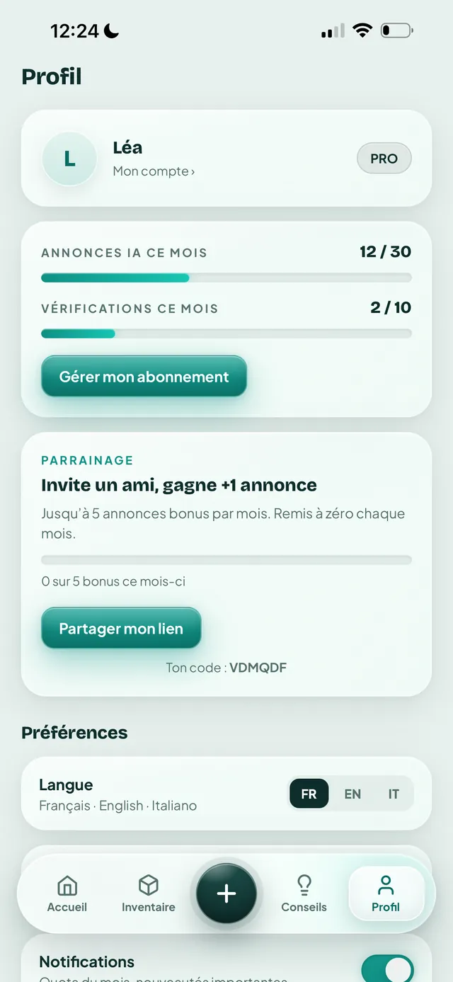 Profil Vendly : quotas du mois, abonnement, parrainage et choix de la langue