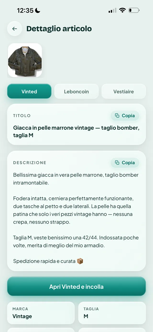 Annuncio generato dall'IA in Vendly: titolo, descrizione, prezzo, marca e taglia