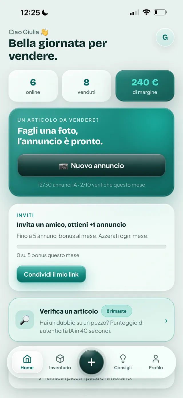 Schermata home di Vendly con gli articoli online, venduti e il margine del mese