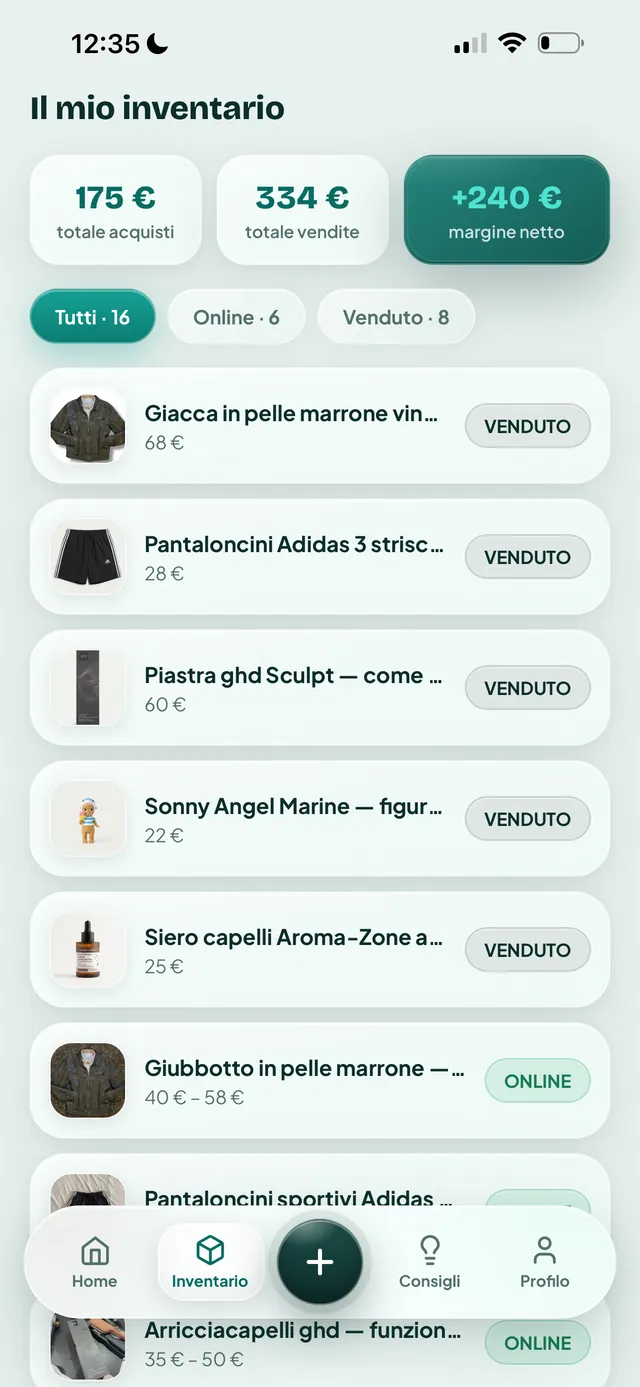 Inventario Vendly con il totale degli acquisti, delle vendite e il margine netto