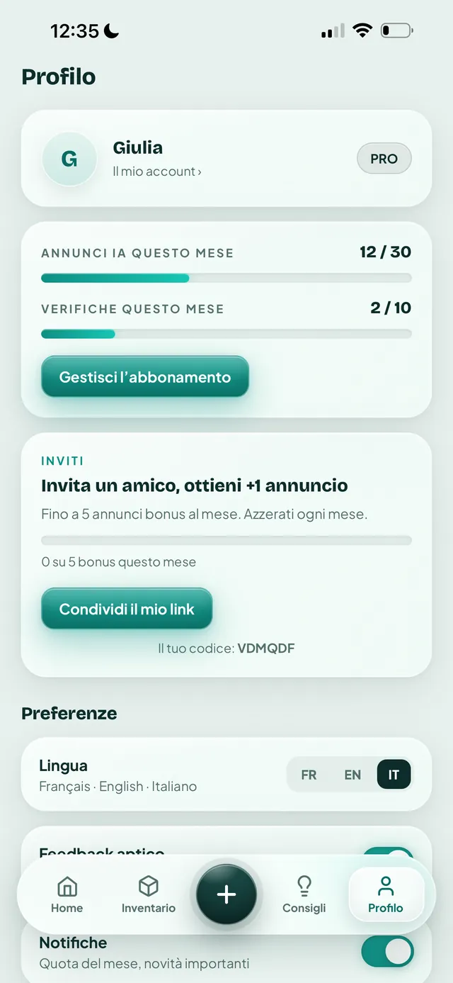 Profilo Vendly: quote del mese, abbonamento, inviti e scelta della lingua